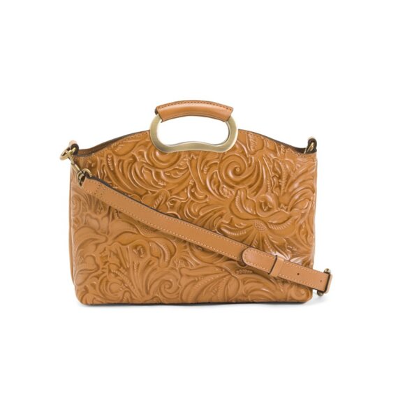 PATRICIA NASH Biscuit Valletta Tooled Leather Satchel With Crossbody Strap